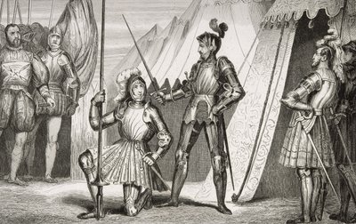 फ्रेंकोइस I (1494-1547) को कोलार्ट द्वारा &39;हिस्टोइरे डी फ्रांस&39; से मैरिग्नानो की लड़ाई के बाद कैप्टन बेयार्ड द्वारा नाइट की उपाधि दी गई, c.1840 प्रकाशित द्वारा फ्रेंच स्कूल