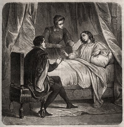 फ्रेंकोइस डी फॉइक्स, काउंटेस ऑफ चेटौब्रिएंट (सीए। 1495-1537), बीमार, क्लेमेंट डेस मारेट्स डिट मैरोट (1496-1544), फ्रेंकोइस 1 का सेवक, बिस्तर में प्राप्त करता है। हेनरी डी कॉक (1819-1892) द्वारा "हिस्टोइरे डेस कोकस सेलेब्स" में 1871 से उत्कीर्णन। द्वारा फ्रेंच स्कूल