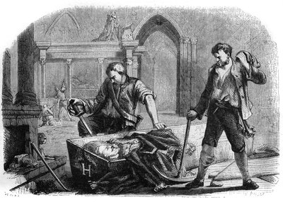 फ्रांसीसी क्रांति (सम्मेलन): 1793 में सेंट डेनिस के चर्च की शाही कब्रों के अपवित्रीकरण के दौरान राजा हेनरी चतुर्थ (1553-1610) के ताबूत का उद्घाटन। 1860 से उत्कीर्णन। द्वारा फ्रेंच स्कूल