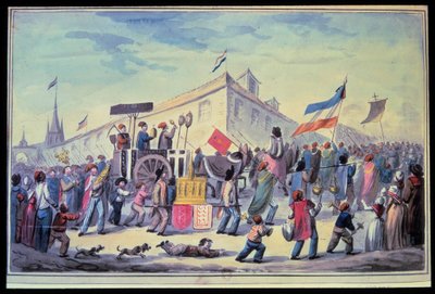 फ्रांसीसी क्रांति: "" नवंबर 1793 में एक धर्म-विरोधी बहाना"" 1793 का अनाम जल रंग। शस्त्रागार की पेरिस लाइब्रेरी द्वारा फ्रेंच स्कूल