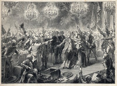 फ्रांसीसी क्रांति: रानी मैरी एंटोनेट (1755-1793) के राजा लुई सोलहवें (1754-1793) और डॉल्फ़िन की उपस्थिति में 1 अक्टूबर 1789 को ऑरेंजरी डे वर्साय में आयोजित अंगरक्षकों के भोज में शाही लोगों ने राजशाही के प्रति वफादारी की शपथ ली। - द्वारा फ्रेंच स्कूल