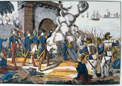 1838 के पेस्ट्री युद्ध के दौरान सैन जुआन डे उलुआ के मैक्सिकन किले पर फ्रांसीसी हमला द्वारा फ्रेंच स्कूल