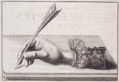 फ्रेंच सुलेख: "" L'escriture financire प्रतिनिधि dans sa naifvete"", 1652 के आसपास लुई सेनॉल्ट द्वारा कलम को पकड़े हुए चित्रण करते हुए उत्कीर्णन। द्वारा फ्रेंच स्कूल