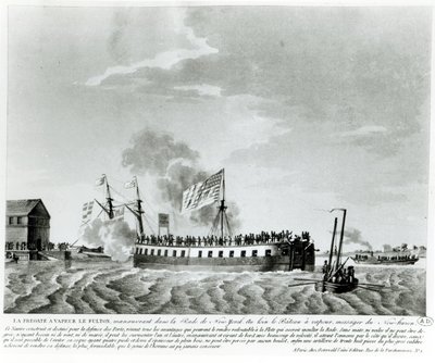 फुल्टन स्टीम-संचालित युद्धपोत, फुल्टन द फर्स्ट, 1812 के युद्ध में न्यू यॉर्क की रक्षा के लिए रॉबर्ट फुल्टन द्वारा डिजाइन और निर्मित (19 वीं सदी की शुरुआत की फोटो। उत्कीर्णन)। द्वारा फ्रेंच स्कूल