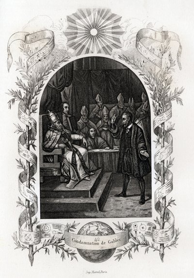 गैलीली (या गैलीलियो गैलीली (1564-1642)) वेटिकन में पवित्र कार्यालय से पहले"" खगोलविद को 1632 में इनक्विजिशन ट्रिब्यूनल द्वारा सजा सुनाई गई थी। मौरिस लाचत्रे (1814-1900), लाइब्रेरी डू प्रोग्रेस द्वारा हिस्टोइरे डेस पोप्स को चित्रित करने के लिए उत् द्वारा फ्रेंच स्कूल