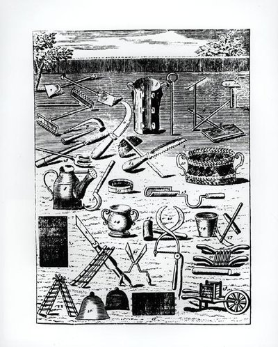 लुइस लीगर डी'ऑक्सेरे (1658-1717) द्वारा 'द फ्लावर गार्डनर' से गार्डन इम्प्लीमेंट्स, 1787 में प्रकाशित (उत्कीर्णन) (बी/डब्ल्यू फोटो) द्वारा फ्रेंच स्कूल