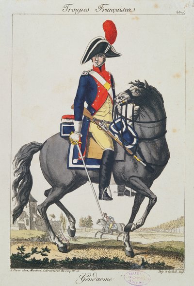 Gendarme एक घोड़े पर चढ़कर, 1807 (रंग उत्कीर्णन) द्वारा फ्रेंच स्कूल