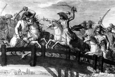 जनरल अलेक्जेंड्रे डुमास, टायरोल के होराटियस कोकल्स। 1797 में क्लॉज़ेन ब्रिज पर एकल-ऑस्ट्रियाई तीन ऑस्ट्रियाई विरोधियों की हत्या, c.1797 (गौचे) द्वारा फ्रेंच स्कूल