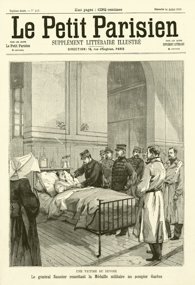 गारबेज़ नाम के एक फायरमैन को फ्रांसीसी सैन्य पदक से सम्मानित करते जनरल सॉसियर, ड्यूटी के दौरान घायल हुए (उत्कीर्णन) द्वारा फ्रेंच स्कूल