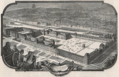 1852 में पैलेस डू लौवर और ट्यूलरीज का सामान्य दृश्य - एडमंड टेक्सियर 1852 द्वारा "झांकी-डी-पेरिस" में उत्कीर्णन द्वारा फ्रेंच स्कूल