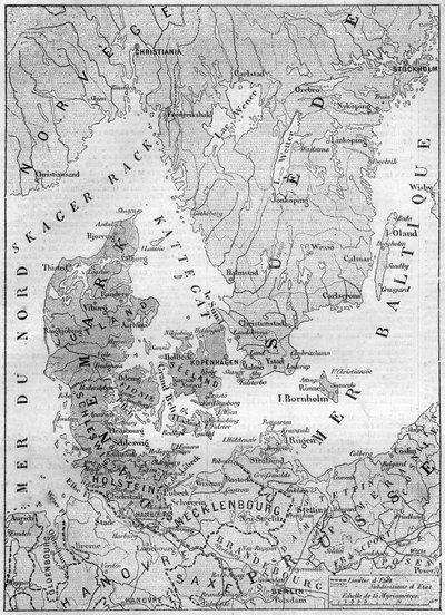 1861 में डेनमार्क का भौगोलिक मानचित्र, डचेस ऑफ़ श्लेस्विग, होल्स्टीन और लाउनबर्ग के साथ। 9 फरवरी 1861 के "" ले मोंडे इलस्ट्रे"" n°200 में उत्कीर्णन। द्वारा फ्रेंच स्कूल