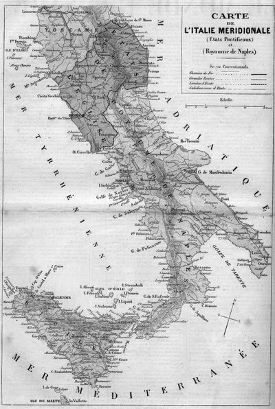 1860 में मेरिडियन इटली का भौगोलिक मानचित्र: परमधर्मपीठीय राज्य और नेपल्स का साम्राज्य। 26 मई 1860 के "" ले मोंडे इलस्ट्रे"" एन °163 में उत्कीर्णन। द्वारा फ्रेंच स्कूल