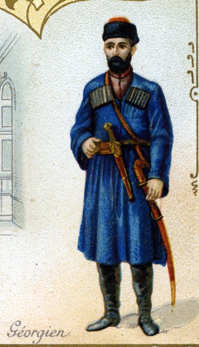 जॉर्जियाई पुरुष। 19वीं सदी के अंत में पेरिस के लिथोग्राफ का संस्करण। 1869 में बनाई गई बिस्कुट पेर्नोट के डिजॉन निर्माण के लिए 25 विज्ञापन क्रोमो की श्रृंखला। पारंपरिक पोशाक में पात्रों का विवरण द्वारा फ्रेंच स्कूल