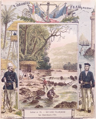 फ्रेंच गयाना में गोल्ड डिगर, स्कूल व्यायाम पुस्तक का कवर, c.1880 द्वारा फ्रेंच स्कूल