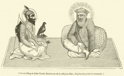 गोविंद सिंग और बाबा-नानक, साइक धर्म के संस्थापक (उत्कीर्णन) द्वारा फ्रेंच स्कूल
