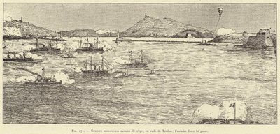 टौलॉन के बंदरगाह में 1891 के प्रमुख नौसैनिक युद्धाभ्यास; स्क्वाड्रन बल पास (उत्कीर्णन) द्वारा फ्रेंच स्कूल