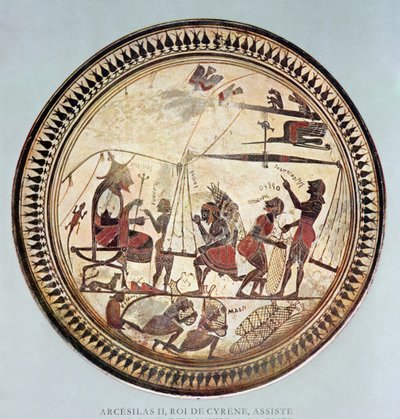 ग्रीक कप अरिसिलस II, साइरेन के राजा (c.560-550 ईसा पूर्व) को दर्शाते हुए, सिल्फ़ियम के वजन और लोडिंग को देखते हुए, ईसा पूर्व 6 वीं शताब्दी की नकल द्वारा फ्रेंच स्कूल