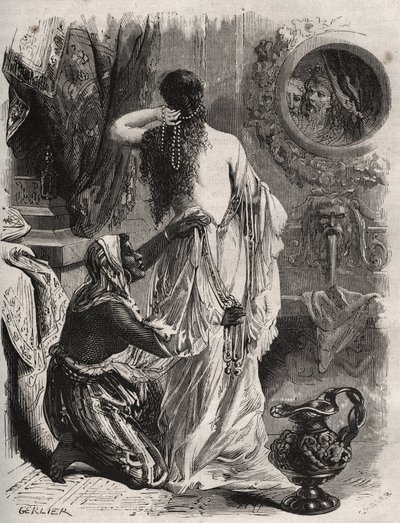 ग्रीक पौराणिक कथाओं: Lydie Candaule (या Cauddale) के राजा ने अपनी पत्नी को अपने विश्वासपात्र Gyges को नग्न दिखाया, जब वह शयनकक्ष में खुलती है तो छाया में छिप जाती है। हेनरी डी कॉक (1819-1892) द्वारा "हिस्टोइरे डेस कोकस सेलेब्स" में 1871 से उत्कीर द्वारा फ्रेंच स्कूल