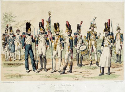 ग्रेनेडियर्स नेपोलियन I के इंपीरियल गार्ड का एक पैर (1804 और 1814 के बीच)। 19वीं सदी की नक्काशी। पेरिस, सजावटी कला द्वारा फ्रेंच स्कूल