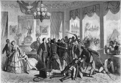स्पेनिश दक्षिण अमेरिकी युद्ध - लीमा (पेरू) - 5 फरवरी, 1865: शहर की आबादी द्वारा घायल और पीछा किए गए स्पेनियों ने फ्रांसीसी विरासत में शरण ली। 6 मई, 1865 के "" ले मोंडे इलस्ट्रे "" एन ° 421 में उत्कीर्णन। द्वारा फ्रेंच स्कूल