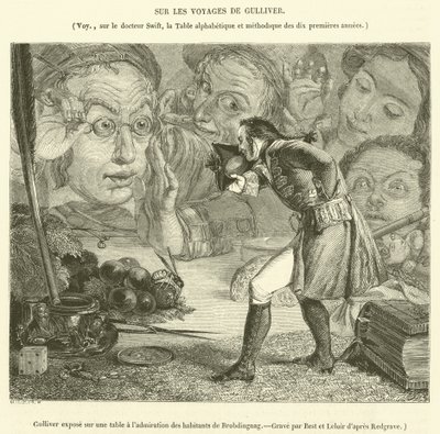 गुलिवर ने ब्रोबडिंगनाग (उत्कीर्णन) के निवासियों की प्रशंसा के लिए एक मेज पर प्रदर्शन किया द्वारा फ्रेंच स्कूल