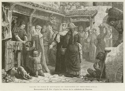तेरहवीं शताब्दी में हॉल्स डी पेरिस और व्यापारी की दुकानें (उत्कीर्णन) द्वारा फ्रेंच स्कूल