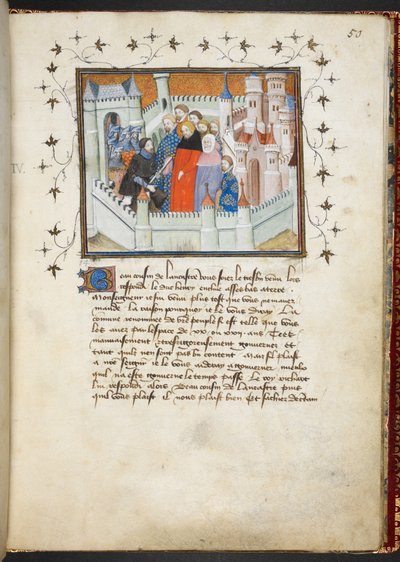 हार्ले 1319 f.50, रिचर्ड द्वितीय और बोलिंगब्रोक फ्लिंट कैसल में, c.1401-05 (वेल्लम) द्वारा फ्रेंच स्कूल