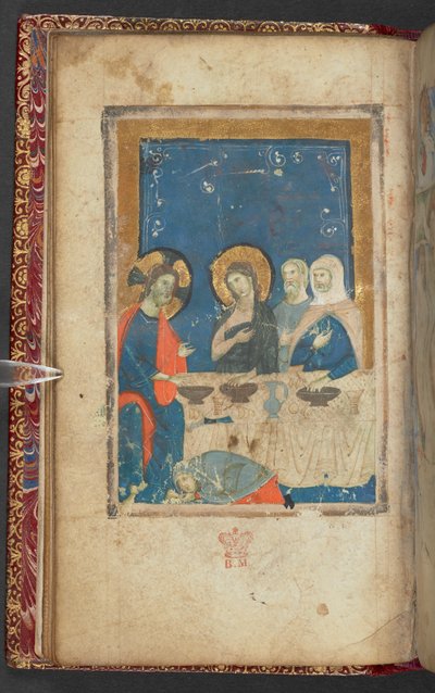 हार्ले 2928, f.16v, साइमन द फरीसी के घर में भोजन (वेल्लम) द्वारा फ्रेंच स्कूल