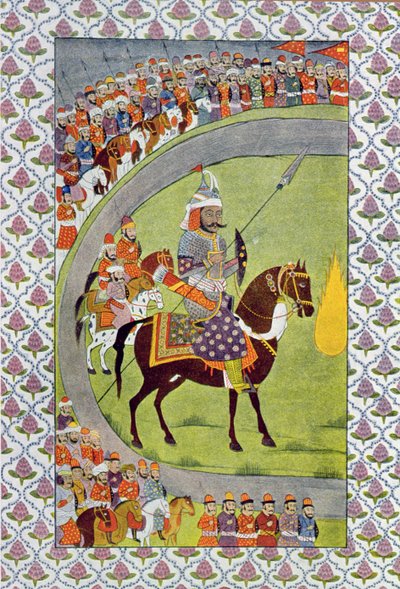 उन्होंने अपने लांस और उनके शील्ड को चित्रित किया, द अरेबियन नाइट्स, 1895 (रंग उत्कीर्णन) से चित्रण द्वारा फ्रेंच स्कूल