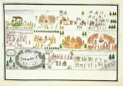 1774 में प्रकाशित द जेंटिल एल्बम से दशहरा, दिवाली और होली सहित हिंदू त्यौहार द्वारा फ्रेंच स्कूल