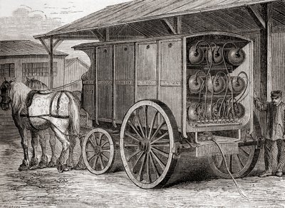 19वीं शताब्दी में लेस मर्वेल्स डे ला साइंस से प्रकाशित सी.1870 (उत्कीर्णन) से, घोड़े से खींचे गए वाहन का उपयोग पोर्टेबल कंटेनरों में संपीड़ित गैस के परिवहन के लिए किया जाता है। द्वारा फ्रेंच स्कूल