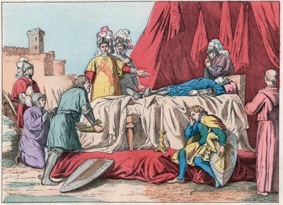 सौ साल का युद्ध: "" ला मोर्ट डे बर्नार्ड डू गुसेक्लिन (1320-1380) डेवेंट चेटौनेउफ डी रैंडन ले 13/07/1380"" - डुग्यूसक्लिन की मृत्यु (13 जुलाई 1380 को चेटौनेउफ-डी-रैंडन की घेराबंदी के दौरान) - 19वीं सदी के अंत का उत्कीर्णन "" N द्वारा फ्रेंच स्कूल