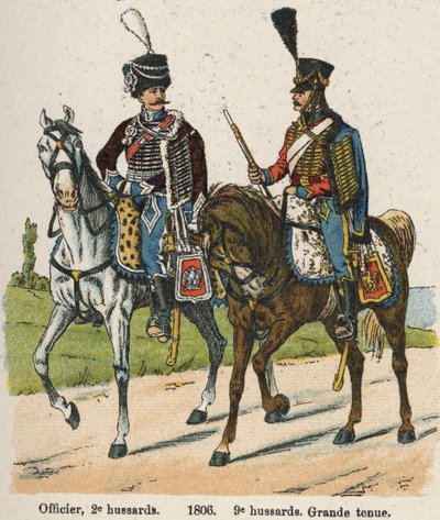 हुसर्स प्रथम विक्रेता एक बारहवीं (24 सितंबर 1803): 1806 में महान पोशाक में अधिकारी, दूसरा हुसर्स और 9वीं हुसर्स। लियनहार्ट और हम्बर्ट द्वारा लेस यूनिफॉर्म डी एल'आर्मी फ़्रैंचाइज़ पुस्तक से प्लेट द्वारा फ्रेंच स्कूल