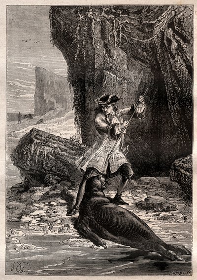 मैंने अपनी कुदाल उसके सीने में झोंक दी: वुड्स रोजर्स (1679-1732) ने 1709 में प्रशांत महासागर में गैलापागोस द्वीपों में से एक पर एक समुद्री कुत्ते (सील) द्वारा हमला किया - "18 वीं शताब्दी के महान नाविक" से लिया गया चित्रण। द्वारा फ्रेंच स्कूल