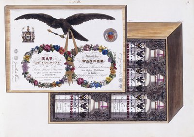 Eau de कोलोन की पैकेजिंग के लिए चित्रण, c.1825 (पानी के रंग और बॉडी कलर) द्वारा फ्रेंच स्कूल