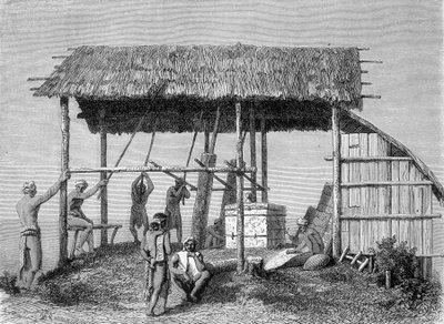 "ले टूर डू मोंडे" के 1862 संस्करण में प्रकाशित चित्रण बोर्नियो द्वीप पर दिन में एक लोहार का चित्रण करता है। उत्कीर्णन। द्वारा फ्रेंच स्कूल