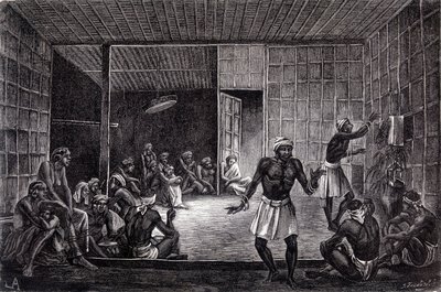 "ले टूर डू मोंडे" के 1862 संस्करण में प्रकाशित चित्रण बोर्नियो द्वीप पर दयाक द्वारा अभ्यास किए गए भूत भगाने के एक सत्र को दर्शाता है। उत्कीर्णन। द्वारा फ्रेंच स्कूल