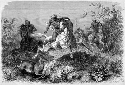 1870 - 1871 के "ले टूर डू मोंडे" के संस्करण में प्रकाशित चित्रण बोर्नियो द्वीप पर एक डायक शिकार को दर्शाता है। उत्कीर्णन। द्वारा फ्रेंच स्कूल