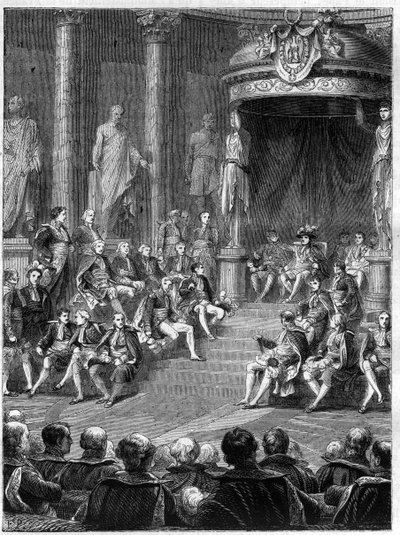 सीनेट में इम्पीरियल सीन्स: 1805 में इटली के नए साम्राज्य के संविधान पर नेपोलियन का भाषण - एडोल्फ थियर्स द्वारा "हिस्टोइरे डे ल'एम्पायर एन सूट ल'हिस्टोइरे डू वाणिज्य दूतावास" में - 1879 - निजी संग्रह द्वारा फ्रेंच स्कूल