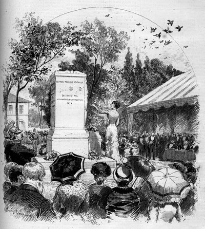 1880 में विले डी'एवरे (विले-डी'एवरे) में चित्रकार जीन बैप्टिस्ट केमिली कोरोट (1796-1875) को समर्पित स्मारक का उद्घाटन: कॉमेडियन ब्लैंच बैरेटा (बरेटा) (बी। 1855) ने कोरोट पर फ्रेंकोइस कोप्पी की कविता का पाठ किया। "" ले मोंडे इलुस में उत्की द्वारा फ्रेंच स्कूल
