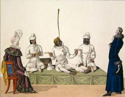 बैलेंसिंग एक्ट करते हुए भारतीय बाजीगर, 'ले बॉन जेनर' से प्लेट 87, c.1810 (रंग उत्कीर्णन) द्वारा फ्रेंच स्कूल