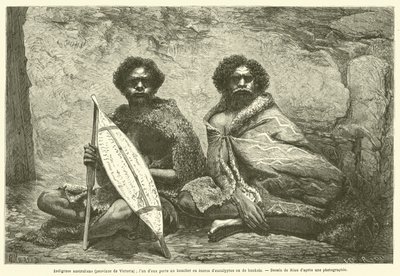स्वदेशी आस्ट्रेलियाई (विक्टोरिया प्रांत); उनमें से एक नीलगिरी या बैंकिया छाल (उत्कीर्णन) में ढाल रखता है द्वारा फ्रेंच स्कूल