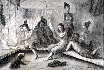 1860 के दशक में एक एस्किमो हट का आंतरिक भाग (उत्कीर्णन) द्वारा फ्रेंच स्कूल