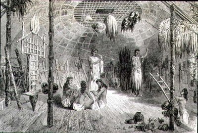 1860 के दशक में एक भारतीय झोपड़ी का आंतरिक भाग (उत्कीर्णन) द्वारा फ्रेंच स्कूल