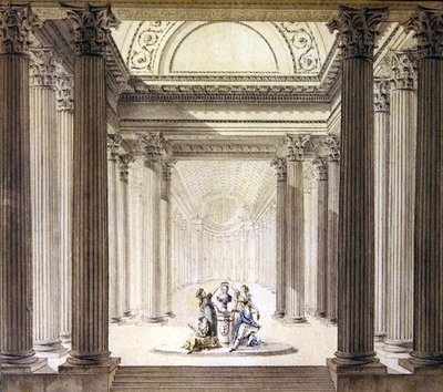 पुण्य के मंदिर का आंतरिक भाग, c.1770 (कागज पर जल रंग के साथ कलम और स्याही) द्वारा फ्रेंच स्कूल