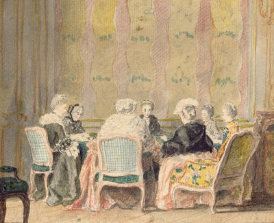 लेडीज़ प्लेइंग कार्ड्स के साथ इंटीरियर, 1770 (कागज पर wc) द्वारा French School