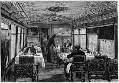1884 में लोरिएंट-एक्सप्रेस (ओरिएंट एक्सप्रेस) के भोजन कक्ष का आंतरिक दृश्य। द्वारा फ्रेंच स्कूल