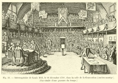 लुईस XVI की परीक्षा, 26 दिसंबर, 1792, कन्वेंशन हॉल में, पूर्व मेंगे, समय के उत्कीर्णन द्वारा फ्रेंच स्कूल