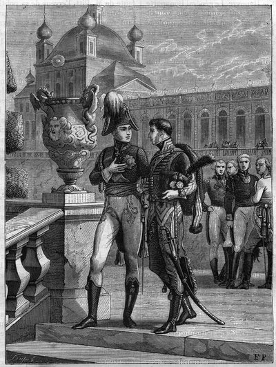 अप्रैल 1801 में सेंट पीटर्सबर्ग में रूस के अलेक्जेंडर I (1777-1825) और मिशेल ड्यूरोक (1772-1813) का साक्षात्कार - लुई एडोल्फ थियर्स द्वारा "हिस्टोइरे डू कॉन्सुलेट एट डे ला एम्पायर" में 1865 का उत्कीर्णन - सम्राट अलेक्जेंडर I के बीच बातचीत रूस (17 द्वारा फ्रेंच स्कूल