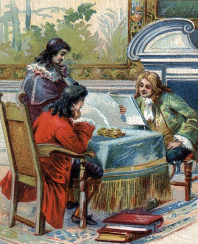 गॉटफ्राइड विल्हेम लिबनिज़ (1646-1716) का साक्षात्कार, जैक्स-बेनिग्ने (जैक्स बेनिग्ने) बोसुएट (1627-1704), फ्रांसीसी धर्मशास्त्री और लेखक के साथ जर्मन दार्शनिक। क्रोमोलिथोग्राफी। द्वारा फ्रेंच स्कूल